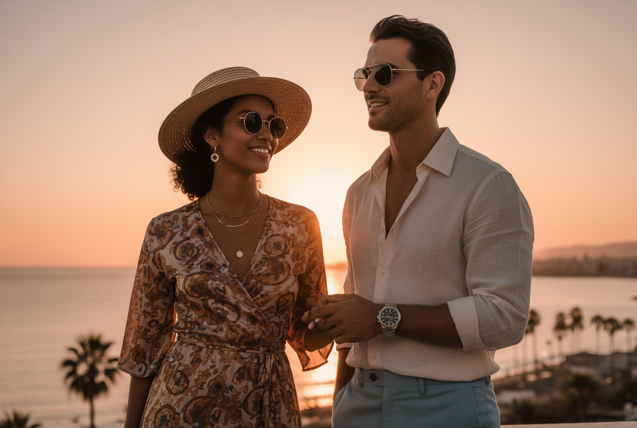 homme cheveux noir qui porte une montre et lunette de soleil et femme métisse qui porte des bijoux et lunette de soleil avec un décor coucher de soleil décontracté 